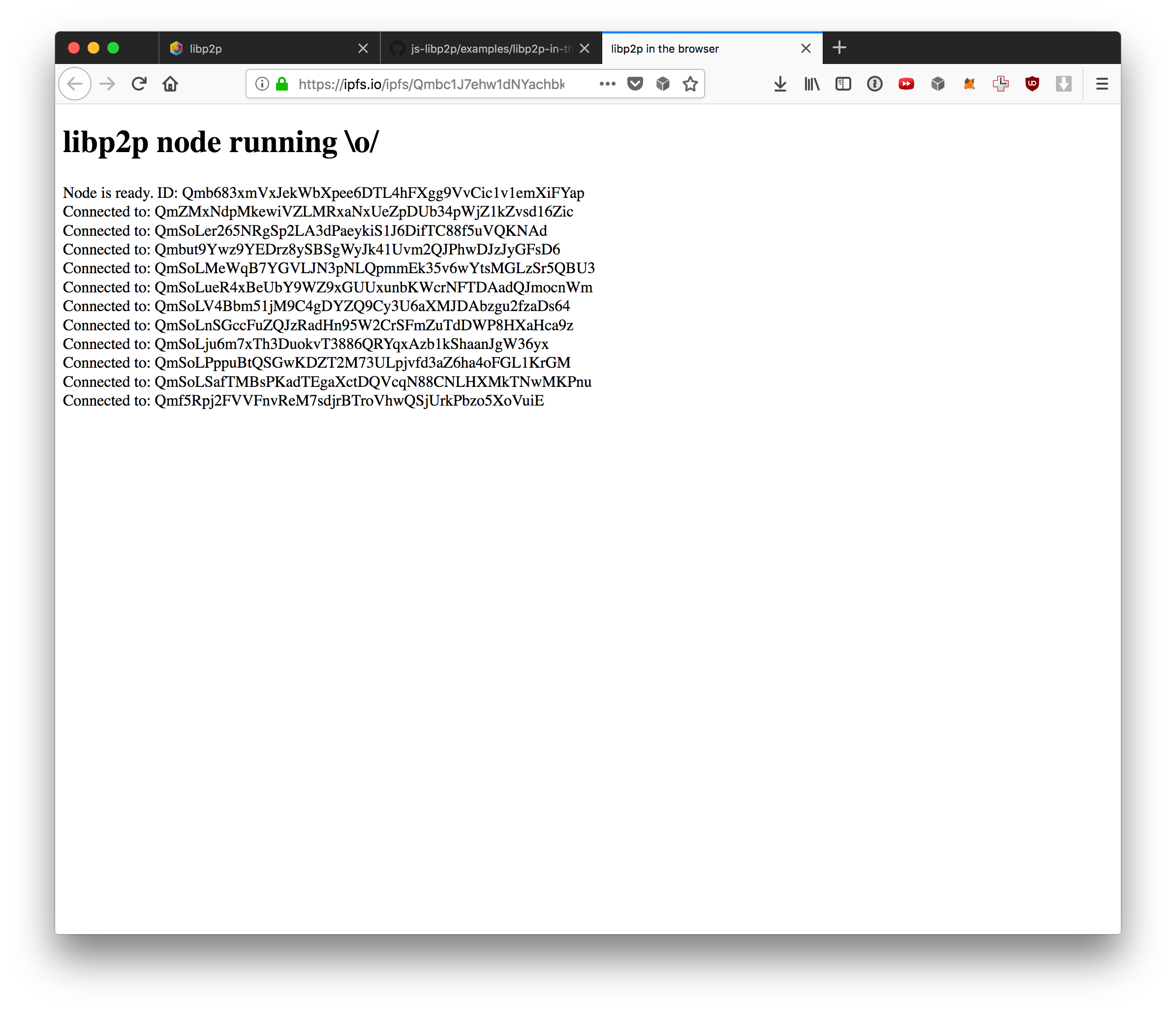 Screenshot of a libp2p node running in a desktop browser